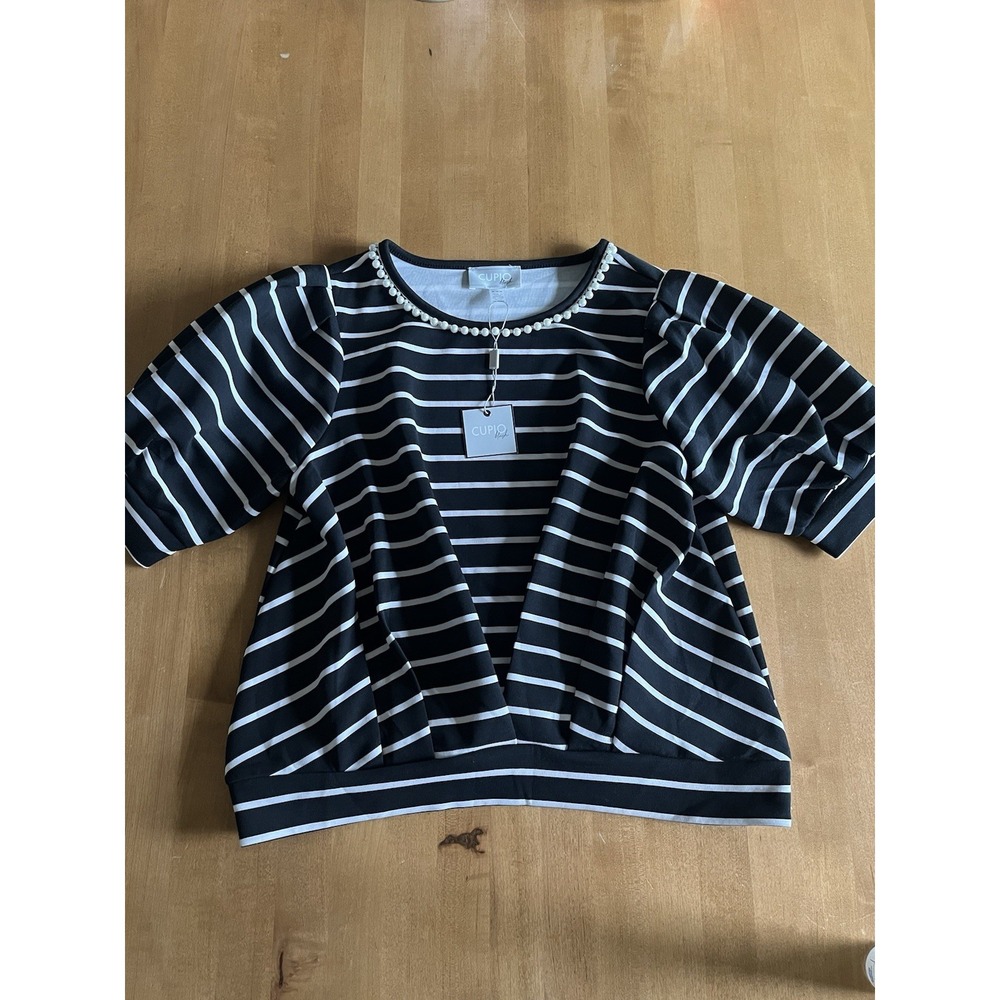 Cupio Women's Black & White Striped‎ Blouse Top Embellished Faux Pearl Sz M NEW